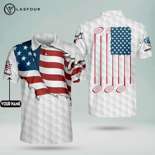 Vista 6 de LASFOUR Polo de golf divertido personalizado para hombre con bandera americana polo de golf orgulloso patriótico 3D para hombre