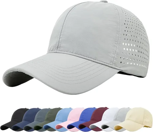 Vista 8 de Enwokran Gorra de béisbol deportiva de secado rápido para hombre, gorra atlética ajustada de malla ajustable, gorra lisa para correr, gorra de Negro