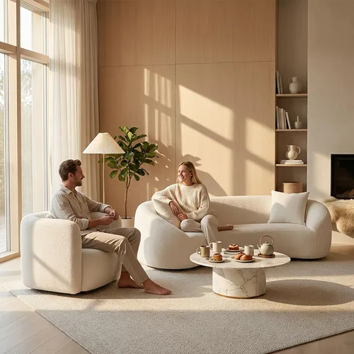 Vista 9 de Juego de 2 sofás curvos, modernos sofás de sala de estar, sofás integrales, sofás de 3 plazas + silla giratoria de 360 grados con respaldo curvado