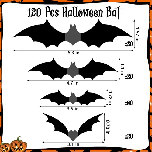 Vista 4 de Decoración de murciélago de Halloween, 120 calcomanías de murciélago para decoración de pared interior, 4 tamaños diferentes, impermeables, 3D