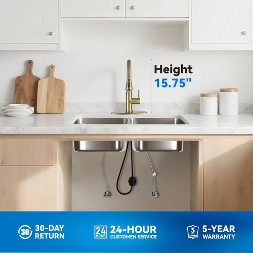 Vista 9 de Grifo de cocina dorado con rociador, grifo de fregadero de cocina de una sola manija con rociador extraíble, bronce champán, Arofa Pull down, 360°