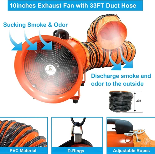 Vista 4 de Ventilador de escape de ventilación industrial portátil de 10 pulgadas 3010CFM 350W con manguera de conducto de 33 pies para aspirar polvo, humo