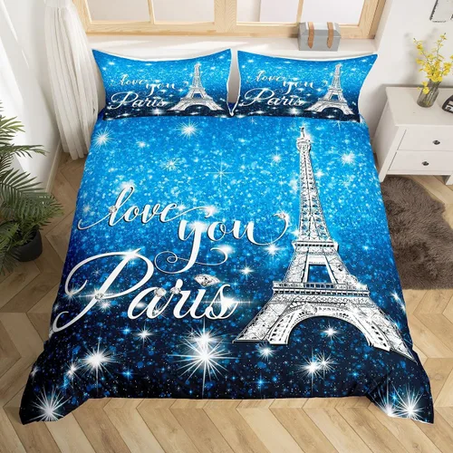 Vista 3 de Erosebridal Funda de edredón de la Torre Eiffel para niñas, juego de ropa de cama romántica de París azul, negro y blanco, funda de edredón