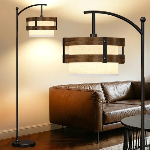 Vista 9 de Lámpara de pie industrial de 67 pulgadas con pantalla de madera y metal negro, lámpara de pie moderna, lámpara alta rústica estilo granja para sala