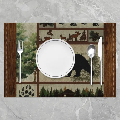Vista 2 de Manteles individuales con diseño de silueta de oso, ciervos salvajes, estampado de patas, a cuadros, para niños, adolescentes y adultos