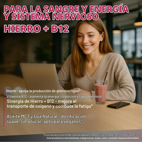 Vista 4 de New Elements Suplemento de hierro líquido para mujeres y hombres con vitamina B12 de 5000 mcg, constructor de sangre libre para la anemia, gotas