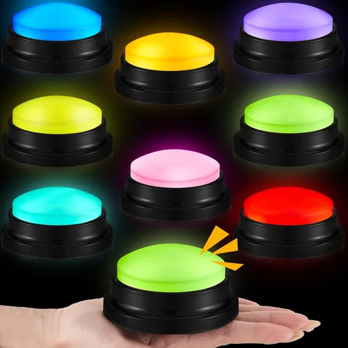 Vista 7 de Paquete de 8 zumbadores de respuesta grabables, suministro de preguntas para fiestas de juegos, color brillante Sound Button for Home, Record