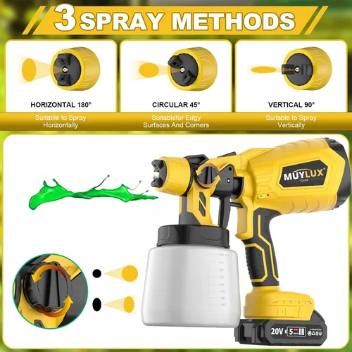 Vista 5 de Pulverizador de pintura inalámbrico con batería y cargador, pistola pulverizadora eléctrica de 800W con 5 boquillas y 3 patrones, pulverizador