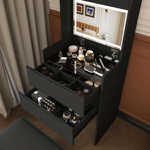 Vista 8 de Runboll Pequeño escritorio de maquillaje con escritorio de vidrio visible, tocador negro 3 en 1 con tapa abatible con espejo iluminado ajustable