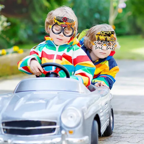 Vista 5 de Paquete de 32 regalos de fiesta de autos de carreras para niños, marcos de gafas de papel de carreras con bandera a cuadros para suministros