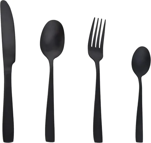 Vista 2 de Juego de cubiertos negro mate de acero inoxidable 18/0, utensilios de metal mate, incluye cuchillo de carne, tenedor y cuchara (24 piezas) duradero