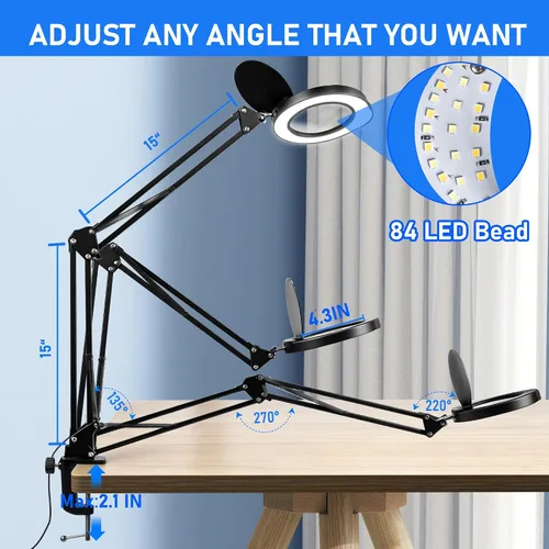 Vista 3 de Lupa grande de 10 veces con luz y soporte, lámpara de escritorio LED con abrazadera, 5 modos de color, 10 niveles regulables, manos libres para Negro