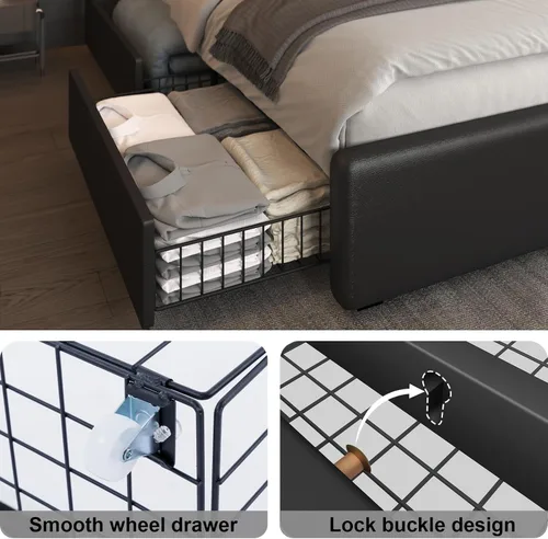 Vista 4 de Benevika Estructura de cama completa con 4 cajones de almacenamiento y cabecera ajustable, cama de plataforma tapizada con luces LED y puertos USB