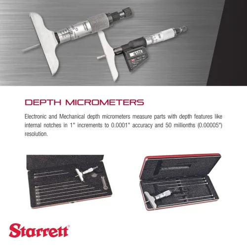Vista 4 de Starrett Medidor de profundidad micrómetro con tuerca de bloqueo moleteada tipo anillo, trinquete combinado y acelerador - Ajuste rápido y fácil