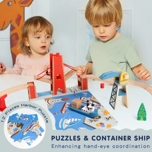 Vista 5 de Qilay Juego de tren de madera de 121 piezas con bolsa de almacenamiento, juego de pista de tren de madera Busy Port City para niños a partir de 3