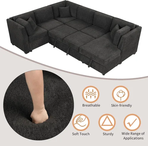 Vista 6 de LUMISOL Sofá seccional grande en forma de U para sala de estar, sofá cama extraíble con 2 puertos USB y 2 enchufes de corriente, sofá cama moderno