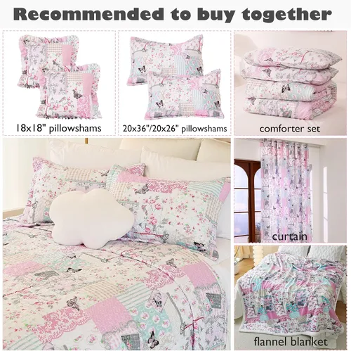 Vista 3 de Cmfshape Juego de ropa de cama floral de jardín, colcha acolchada reversible, juego de edredón de mariposa rosa, colcha reversible cosida con 2
