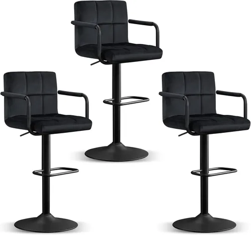 Vista 23 de Furniliving Taburetes de bar ajustables con respaldo, juego de 2 taburetes de bar negros, taburetes de bar de terciopelo con giro de 360°, taburetes
