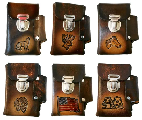 Vista 5 de Estuche de cigarrillos de cuero hecho a mano, bolsillo para encendedor, muchos diseños repujados