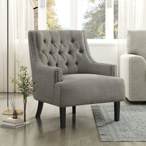 Vista 12 de Lexicon Silla decorativa de lectura, cómoda para dormitorio, sillón tapizado con marco de madera maciza, ribete de cabeza de uñas copetudo, sofá