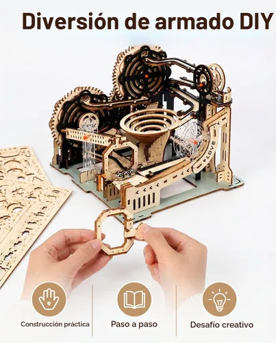Vista 4 de Rompecabezas de madera 3D para adultos, kit eléctrico de modelo de carrera de canicas con embudo en espiral, movimiento impulsado por engranajes