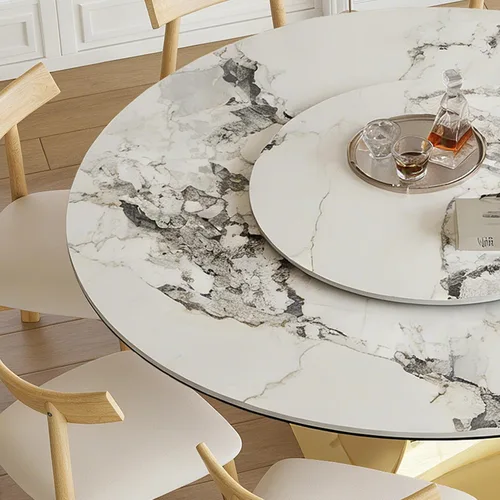 Vista 8 de Juego de mesa de comedor redonda de 9 piezas, moderna mesa de cocina de piedra sinterizada de 59 pulgadas con plato giratorio redondo de 31.5