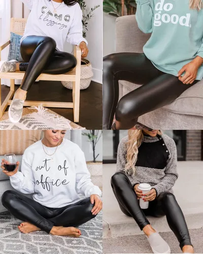 Vista 6 de Leggings de piel sintética para mujer con cintura alta y elásticos color negro