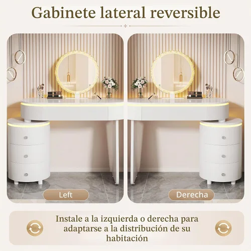 Vista 5 de KDCAS Escritorio redondo de maquillaje con espejo y luces, escritorio moderno de piel sintética con gabinete lateral reversible, mesa de tocador