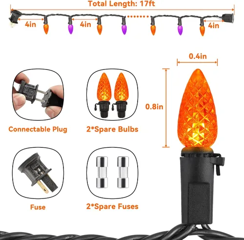 Vista 7 de ODEETRONIC Luces Naranjas Moradas, 16.3 pies 50 luces LED C3 de cadena de Halloween, 120V con certificación UL, luces de cadena naranjas