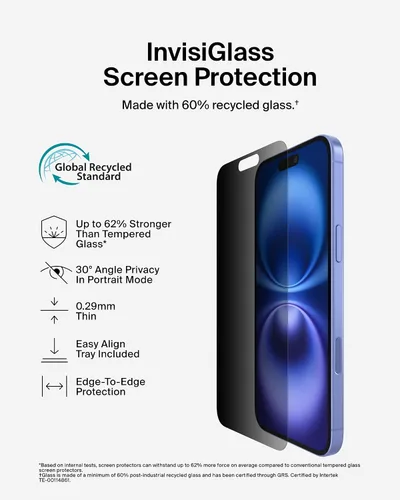 Vista 3 de Belkin ScreenForce InvisiGlass - Protector de pantalla de privacidad para iPhone 16 Plus, protección contra impactos resistente a los arañazos