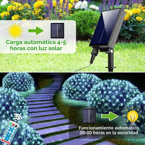 Vista 4 de Luces solares de red para exteriores, 360 luces LED USB de malla blanca fría para arbustos impermeables, 21 pies x 5 pies, 8 modos luces de cadena