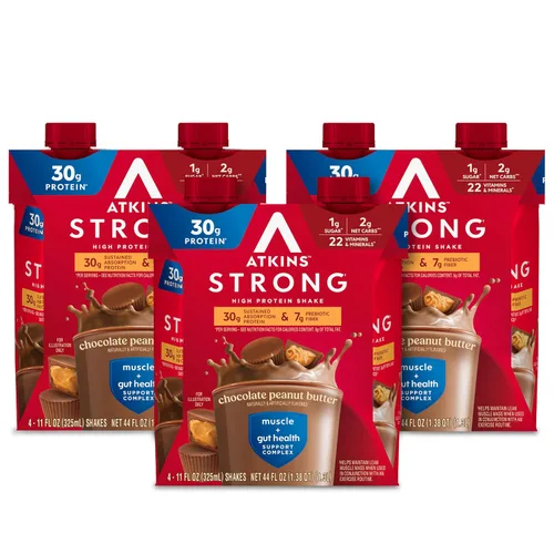 Vista 11 de Atkins - Batido Fuerte de Alta Proteína, Sabor Café Laté, 30g de Proteína, 7g de Fibra Prebiótica, Apoyo para la Salud Muscular y del Intestino