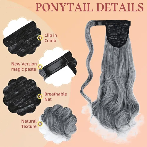 Vista 27 de FELENDY Extensión de cola de caballo, extensiones de cabello largo envolvente de 18 pulgadas, extensiones de cabello ondulado y rizado con clip