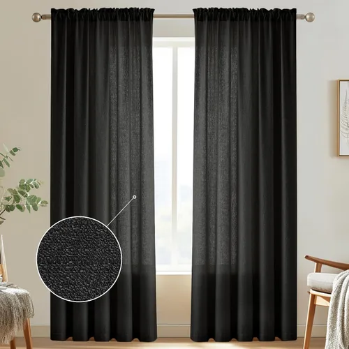 Vista 15 de Melodieux Cortinas de Niveles Semitraslúcidas Negras de 24 Pulgadas de Largo para Cocina, Cafetería, Dormitorio, Ventanas Pequeñas, Aspecto de Lino