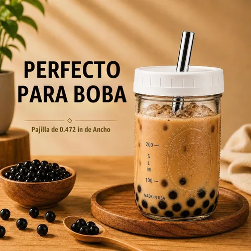 Vista 5 de Tazas de té Boba reutilizables de boca ancha, tazas de té de burbujas con tapas y pajitas plateadas, tarros de vidrio