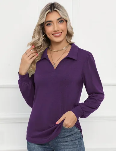Vista 3 de LOMON Camisas tipo polo de manga larga con cuello en V y manga abombada para mujer