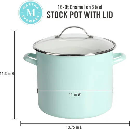 Vista 2 de Martha Stewart Thayer Olla de Caldo de 12 Cuartos de Galón Esmaltada sobre Acero Resistente a Rayones con Tapa – Azul Martha – Olla Duradera de Gran
