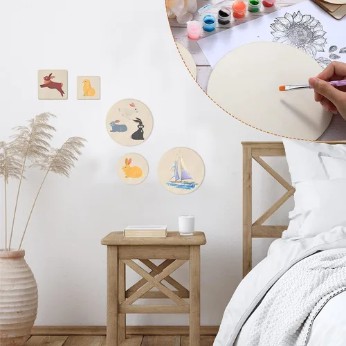 Vista 7 de 32 piezas de madera en blanco sin terminar cuadrados de madera para manualidades, recortes de madera natural, azulejos redondos de madera, discos