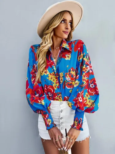 Vista 5 de Camisa estampada elástica para mujer, con estampado floral, de manga larga, con botones, para mujer