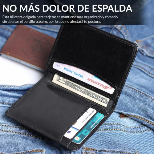 Vista 4 de FOXHACKLE Tarjetero de cuero de grano completo para hombres y mujeres, billetera delgada y plegable con bloqueo RFID, bolsillo frontal delgado Negro