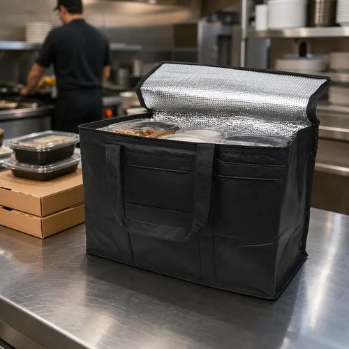 Vista 8 de APQ Supply Bolsa de entrega de alimentos aislada negra, bolsas de comestibles aisladas con cierre superior, bolsa de catering para entregas