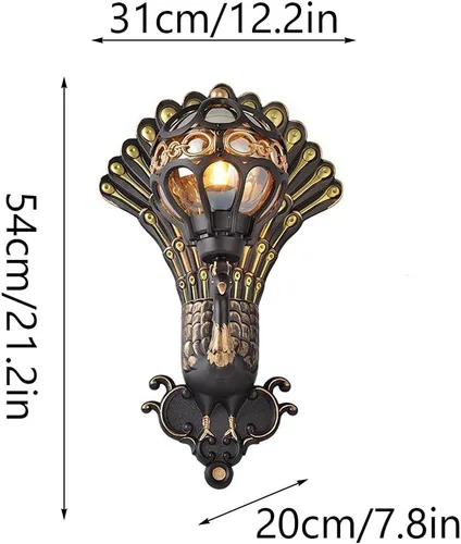 Vista 7 de Apliques de pared, estilo industrial retro europeo, luz de montaje en pared, forma de pavo real, creatividad, farol de pared al aire libre