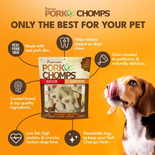 Vista 3 de Pork Chomps Masticables para perros, huesos crujientes de 4 pulgadas, sabor a tocino y pollo, 12