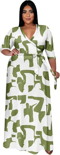 Vista 21 de Runwind Vestidos de Talla Grande para Mujeres Vestido Maxi Floral Suelto Manga 3/4 con Cinturón 01-Negro