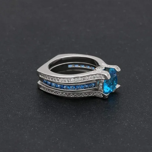 Vista 6 de UFOORO Juego de anillos de boda de cristal azul cielo para mujer, chapado en platino