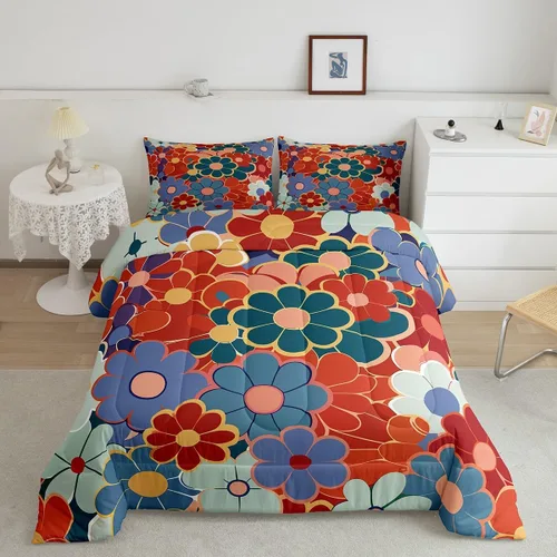 Vista 10 de Juego de ropa de cama con estampado floral bohemio, tamaño individual, diseño retro de flores groovy, 60S y 70S, juego de edredón de flores hippie