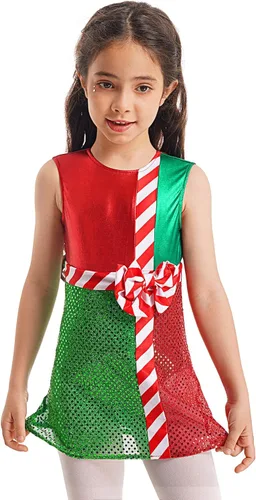 Vista 4 de JEATHA Vestido de leotardo de lentejuelas metálicas brillantes para niños y niñas, diseño de bloques de color a rayas, con lazo
