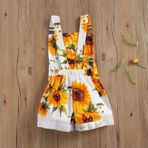 Vista 2 de Overol con estampado de girasol para niña pequeña, pantalones cortos con tirantes y bolsillo, ropa de verano