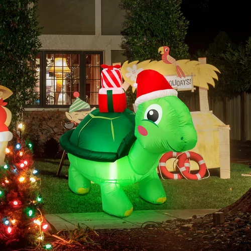 Vista 5 de Shappy - Decoración inflable gigante de Navidad de 1.49 m con tortuga con gorro de Papá Noel, decoración inflable con luces LED de Navidad