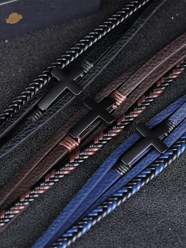 Vista 5 de Pulsera de cuero para hombre con cruz trenzada de varias capas con cierre de acero inoxidable, regalos religiosos cristianos para él